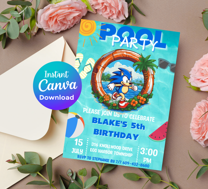 Sonic the Hedgehog & Shadow Pool Birthday Invitation | Summer Swim Party | Editable Canva Template