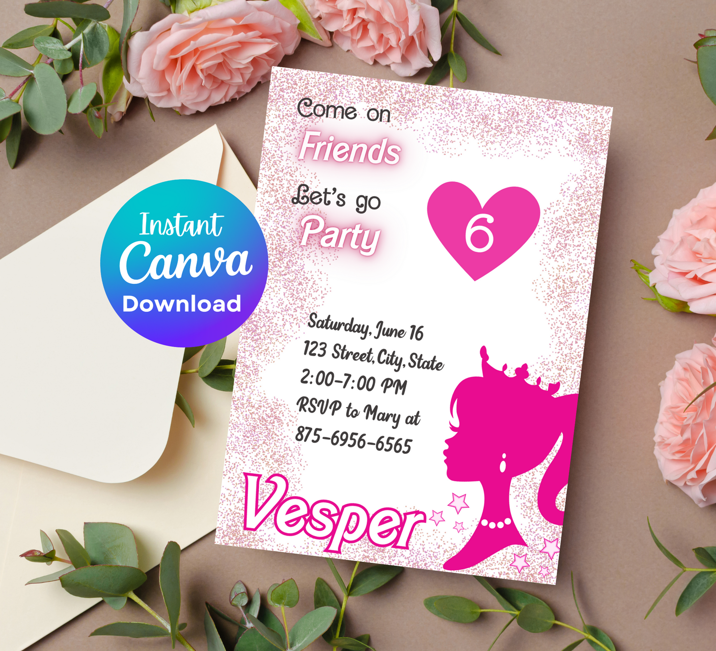 Barbie Pink Glitter Birthday Invitation | Glam Doll Party Invite | Editable Digital Template