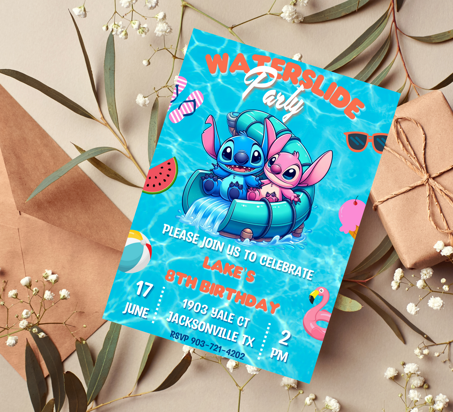 Stitch & Angel Waterslide Pool Birthday Invitation | Editable Canva Template | Cute Kawaii Summer Swim Party Invite | Printable Kids Birthday Invitation