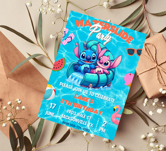 Stitch & Angel Waterslide Pool Birthday Invitation | Editable Canva Template | Cute Kawaii Summer Swim Party Invite | Printable Kids Birthday Invitation
