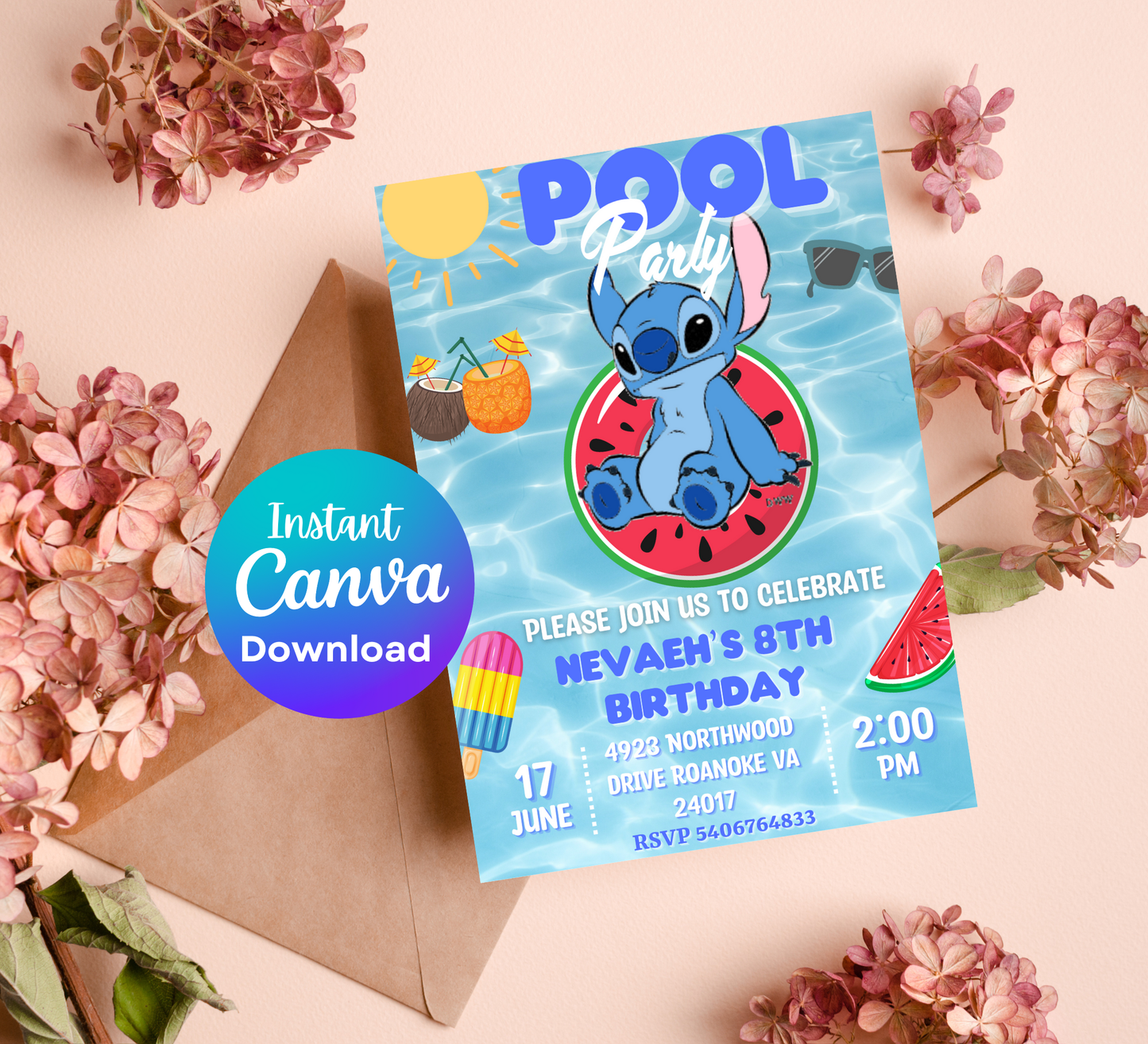 Stitch Blue Pool Birthday Invitation | Tropical Summer Party | Editable Digital Invite