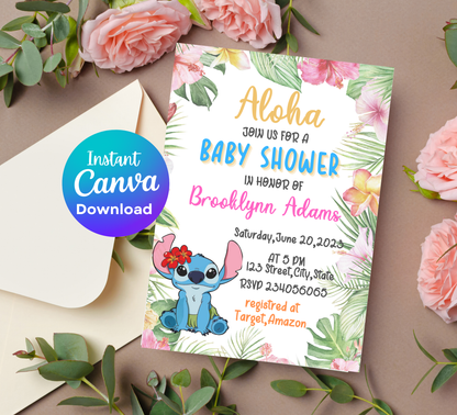 Stitch Baby Shower Aloha Hawaii Invitation | Tropical Girl or Boy Baby Shower | Editable Template