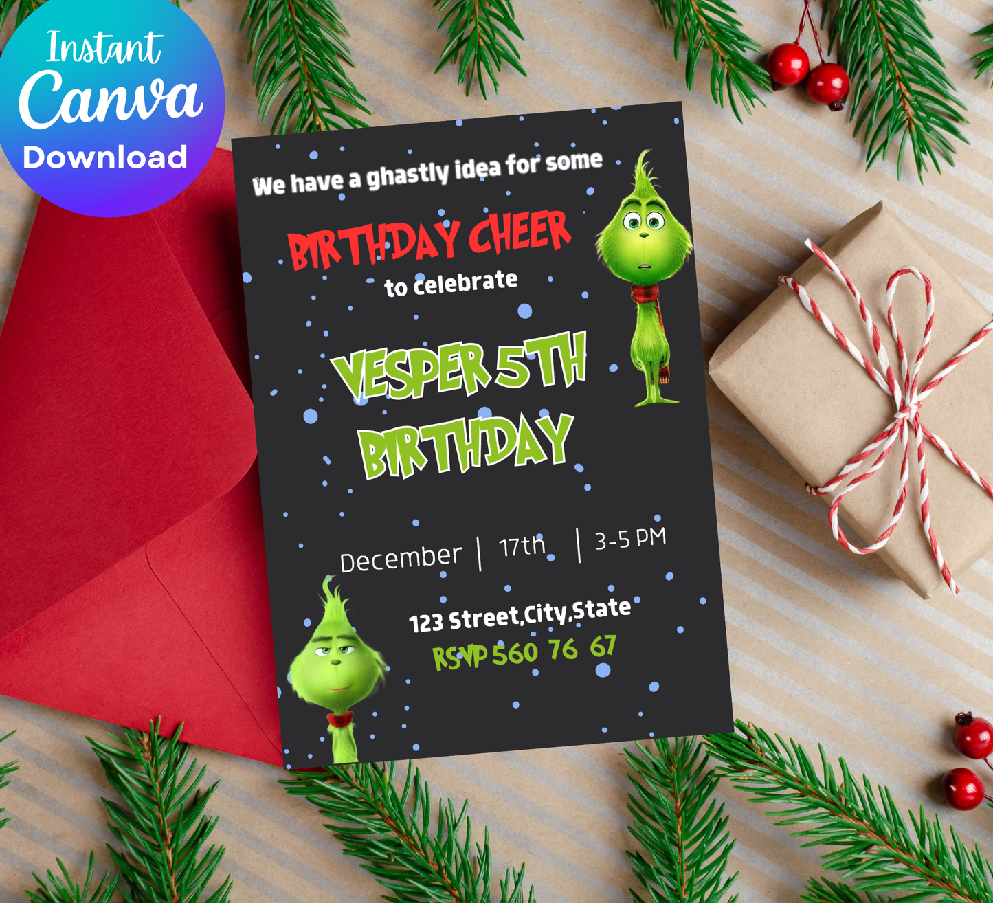 Grinch Birthday Christmas Invitation | Grinchmas Holiday Party Invite | Editable Template