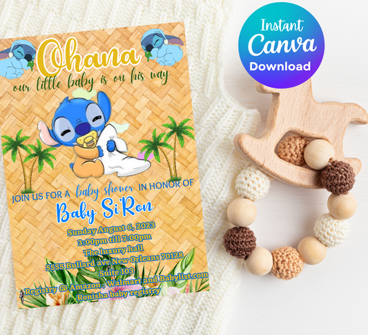 Stitch Tropical Baby Shower Invitation | Aloha Hawaii Baby Shower Invite | Editable Canva Template | Cute Stitch Baby Shower Printable