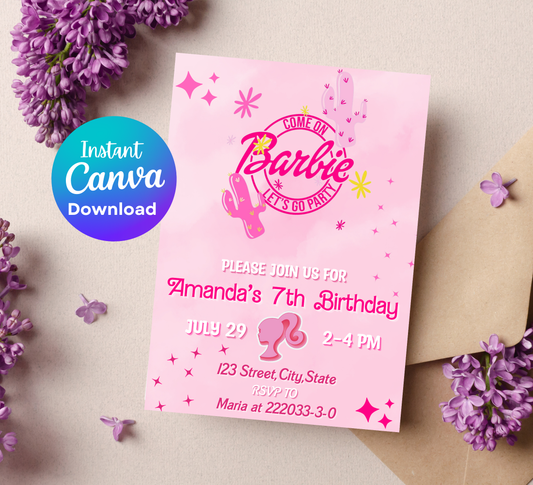 Barbie Pink Cowboy Birthday Invitation | Cowgirl Rodeo Party | Pink Western Invite | Editable Template