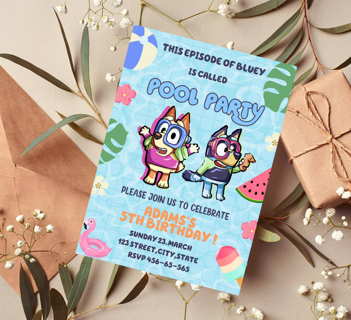 Bluey Pool Birthday Invitation | Summer Swim Party Invite | Editable Canva Template