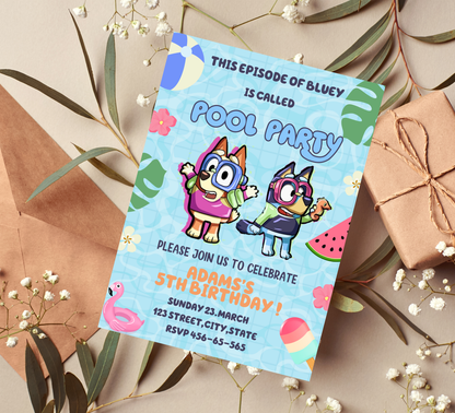 Bluey Pool Birthday Invitation | Summer Swim Party Invite | Editable Canva Template