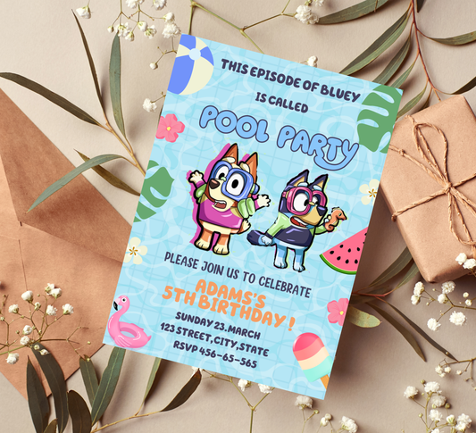 Bluey Pool Birthday Invitation | Summer Swim Party Invite | Editable Canva Template