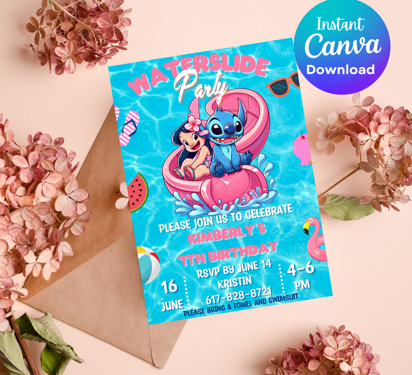 Stitch & Lilo Pink Waterslide Pool Birthday Invitation | Tropical Summer Party Invite | Editable Canva Template | Cute Pool Slide Birthday Printable