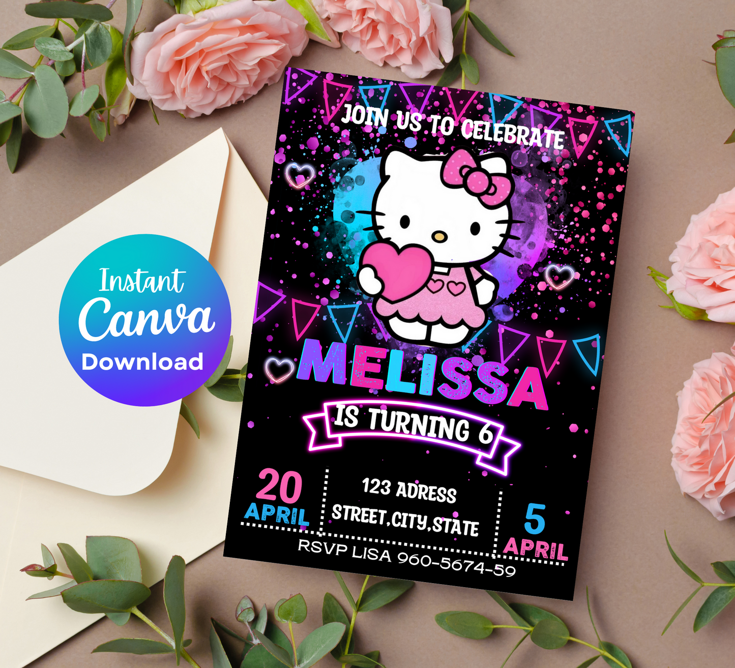 Hello Kitty Neon Birthday Invitation | Kawaii Glow Party Invite | Editable Canva Template | Cute Bright Printable Girls Birthday Invitation
