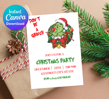 Grinchmas Christmas Party Invitation | Fun Holiday Celebration Invite | Editable Template
