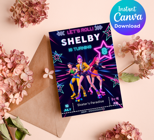 K-Pop Demos Neon Roller Skating Birthday Invitation | Glow Party Skate Invite | Editable Canva Template | K-Pop Birthday Printable