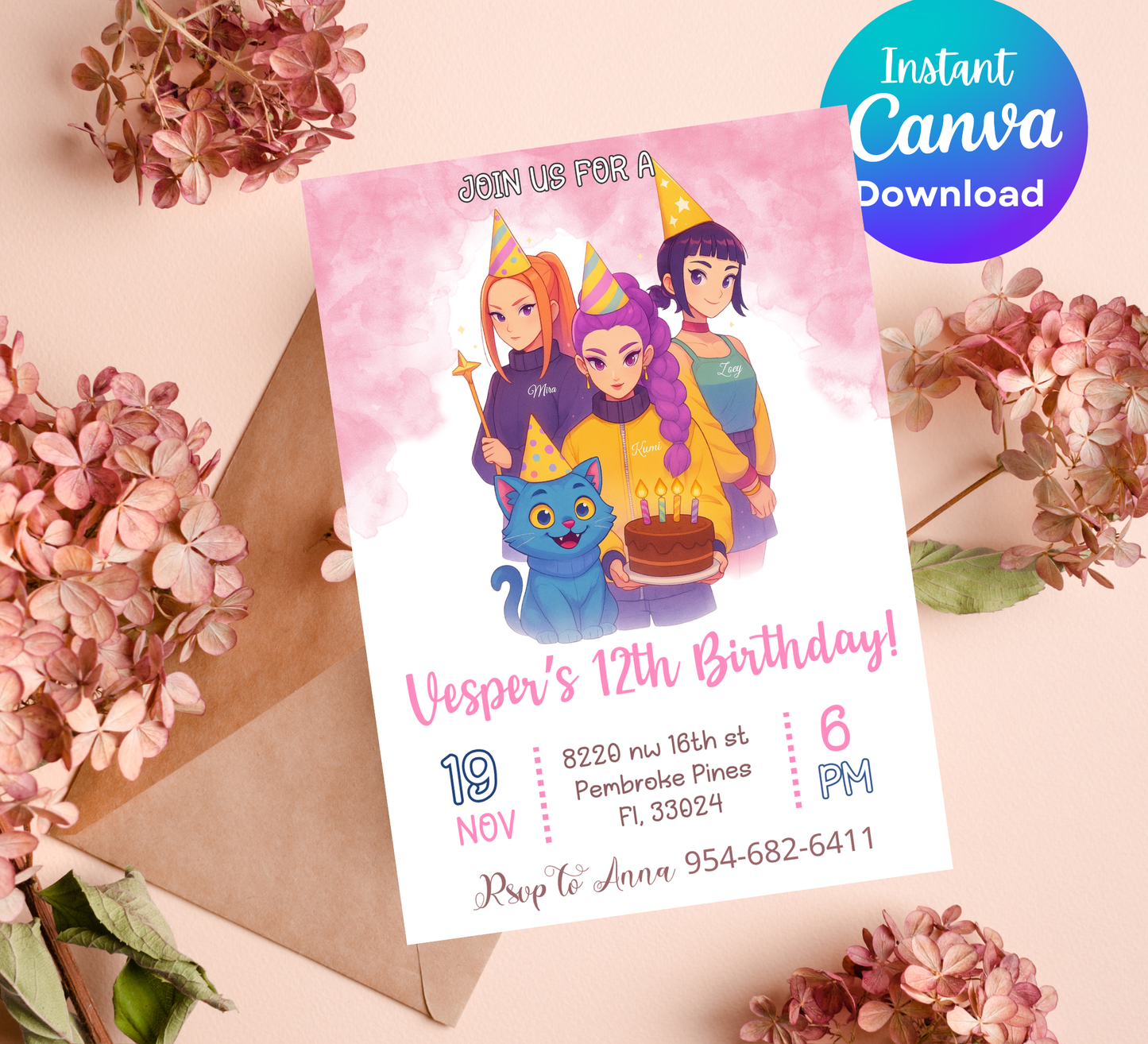 K-Pop Demon Hunters Birthday Invitation – Editable Canva Template – Rumi Mira Zoye Anime Invite – Kawaii Cyber Pop & Idol Core Party Printable