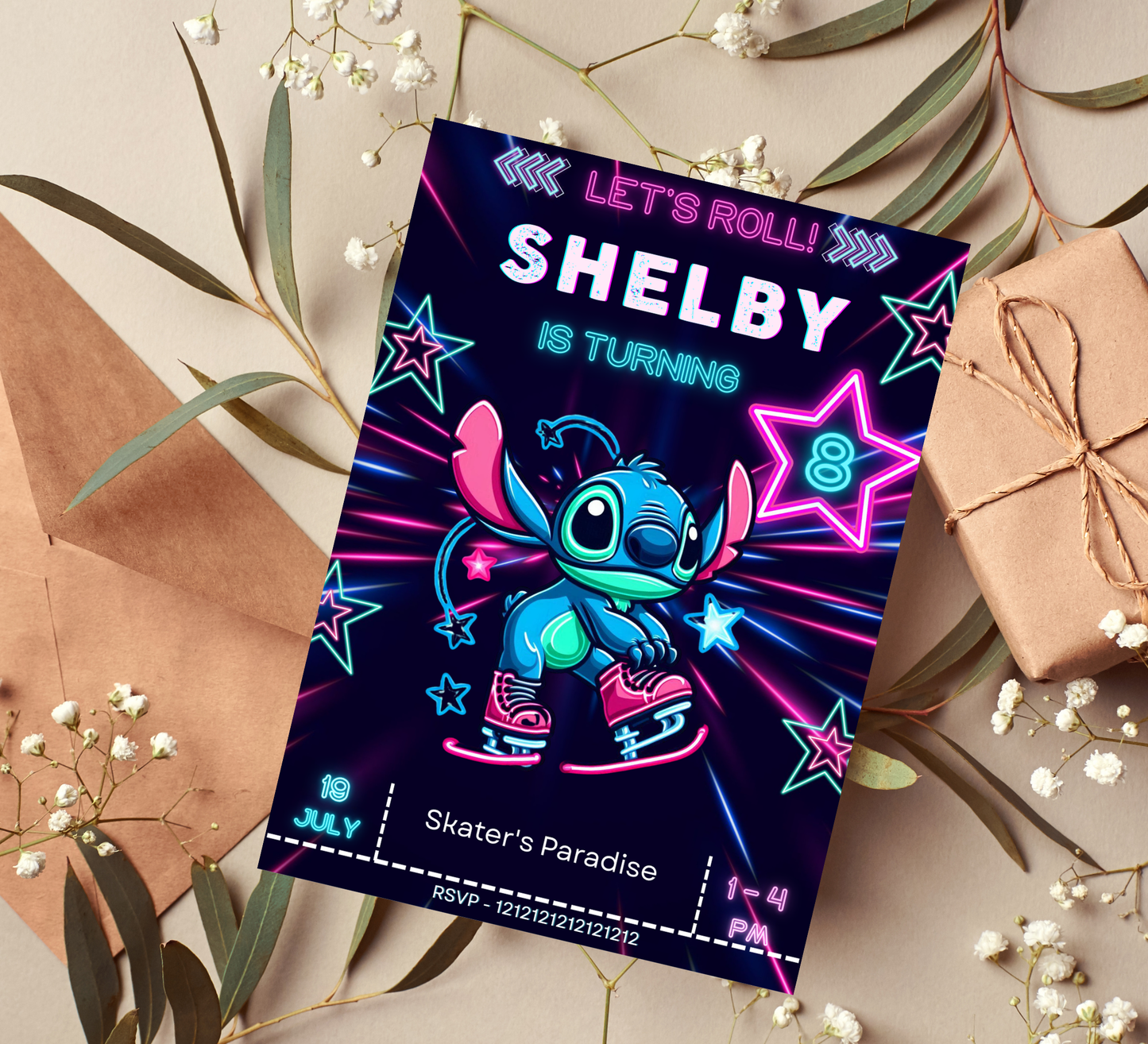 Stitch Ice Skating Winter Neon Birthday Invitation | Editable Canva Template | Glow Party Kids Birthday Invite | Printable Winter Birthday Invitation