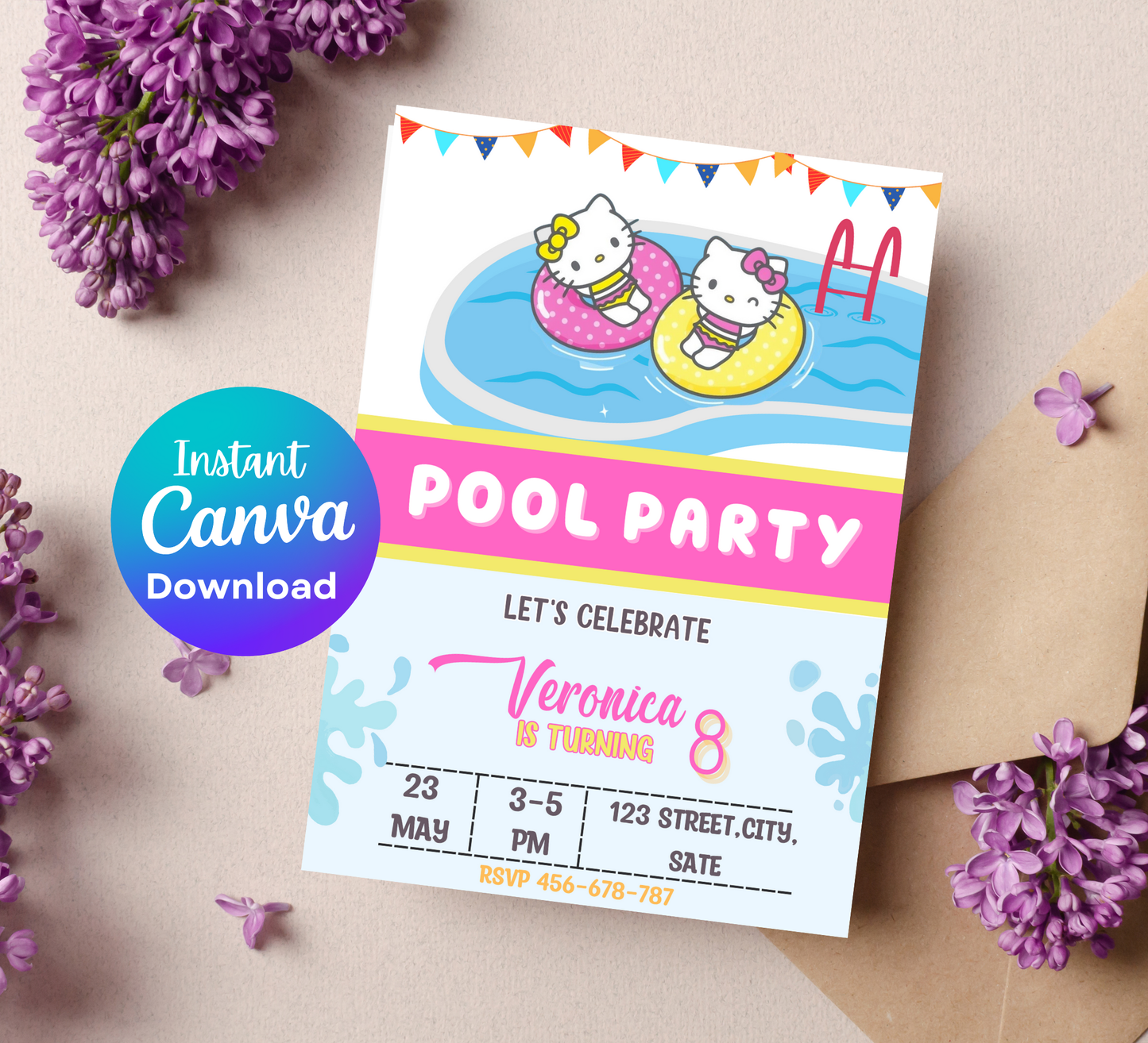 Hello Kitty Pool Birthday Invitation | Summer Swim Party Invite | Editable Canva Template