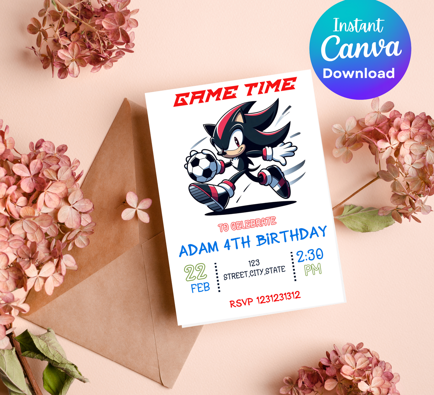 Shadow & Sonic the Hedgehog Football Birthday Invitation | Sports Theme Kids Party | Editable Canva Template | Printable Game Day Invite