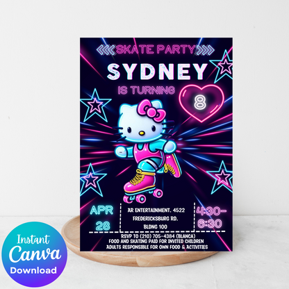 Hello Kitty Neon Roller Skating Birthday Invitation | Fun & Customizable Glow Party Invite