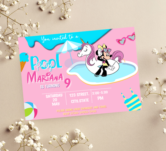 Minnie Mouse Pink Pool Birthday Invitation | Kawaii Swim Party Invite | Editable Canva Template