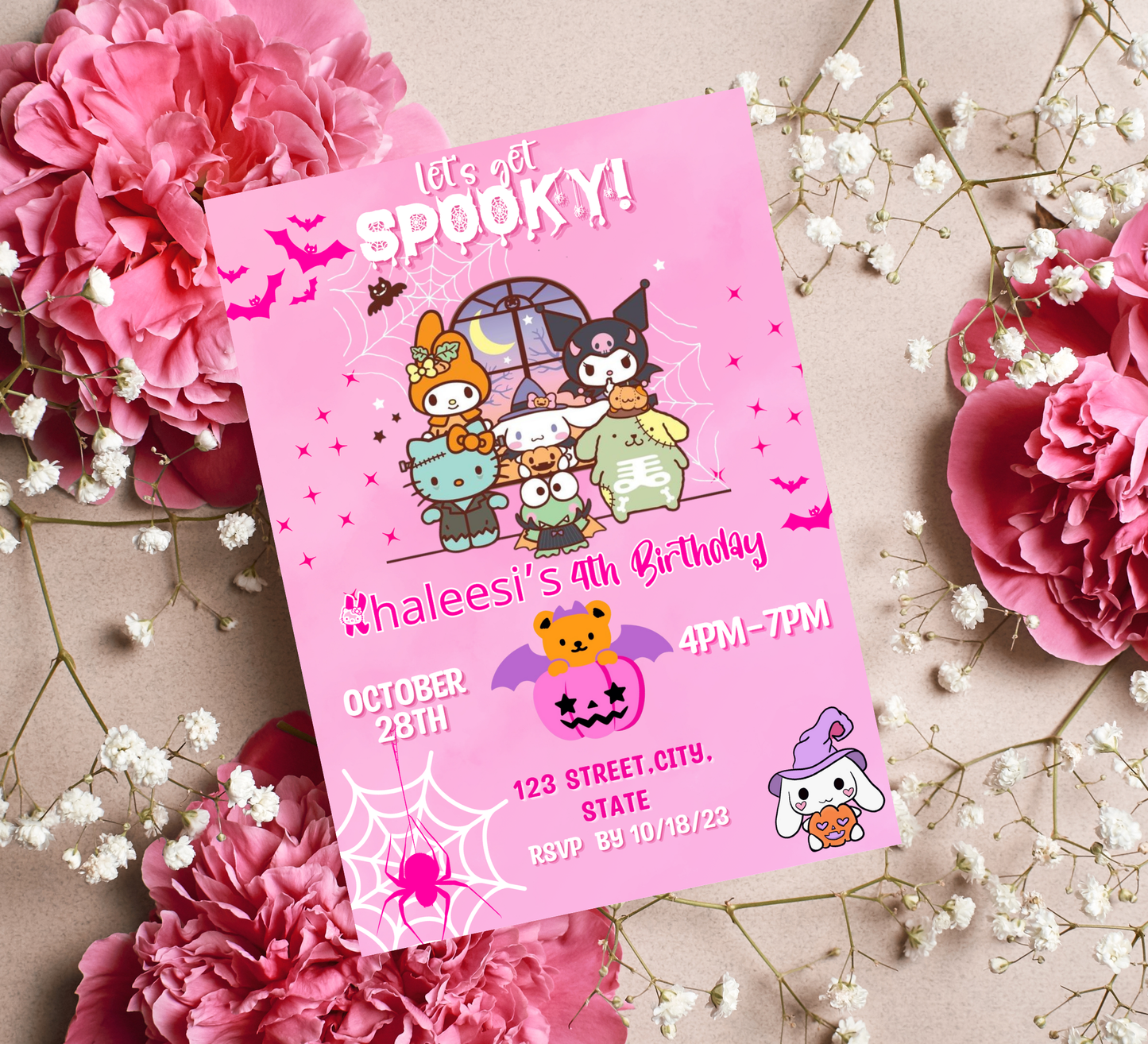 Hello Kitty My Melody Kuromi Pink Halloween Invitation | Kawaii Spooky Birthday Invite | Editable Canva Template | Pastel Goth Party