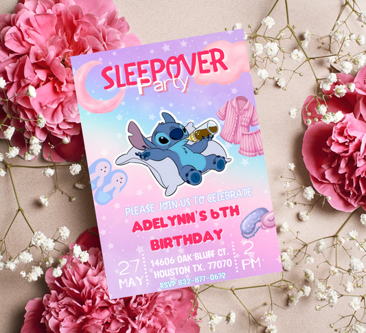 Stitch Sleepover Pajamas Party Birthday Invitation | Kawaii Slumber Party Invite | Editable Canva Template | Cute Printable Kids Birthday