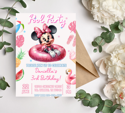 Minnie Mouse Pink Pool Birthday Invitation | Cute Summer Swim Party Invite | Editable Canva Template | Printable Girl Birthday Invitation