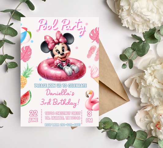 Minnie Mouse Pink Pool Birthday Invitation | Cute Summer Swim Party Invite | Editable Canva Template | Printable Girl Birthday Invitation