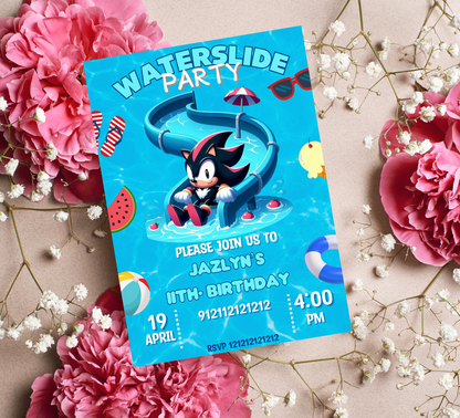 Shadow & Sonic Waterslide Pool Birthday Invitation | Neon Summer Party Invite | Editable Canva Template | Sonic Pool Birthday Printable