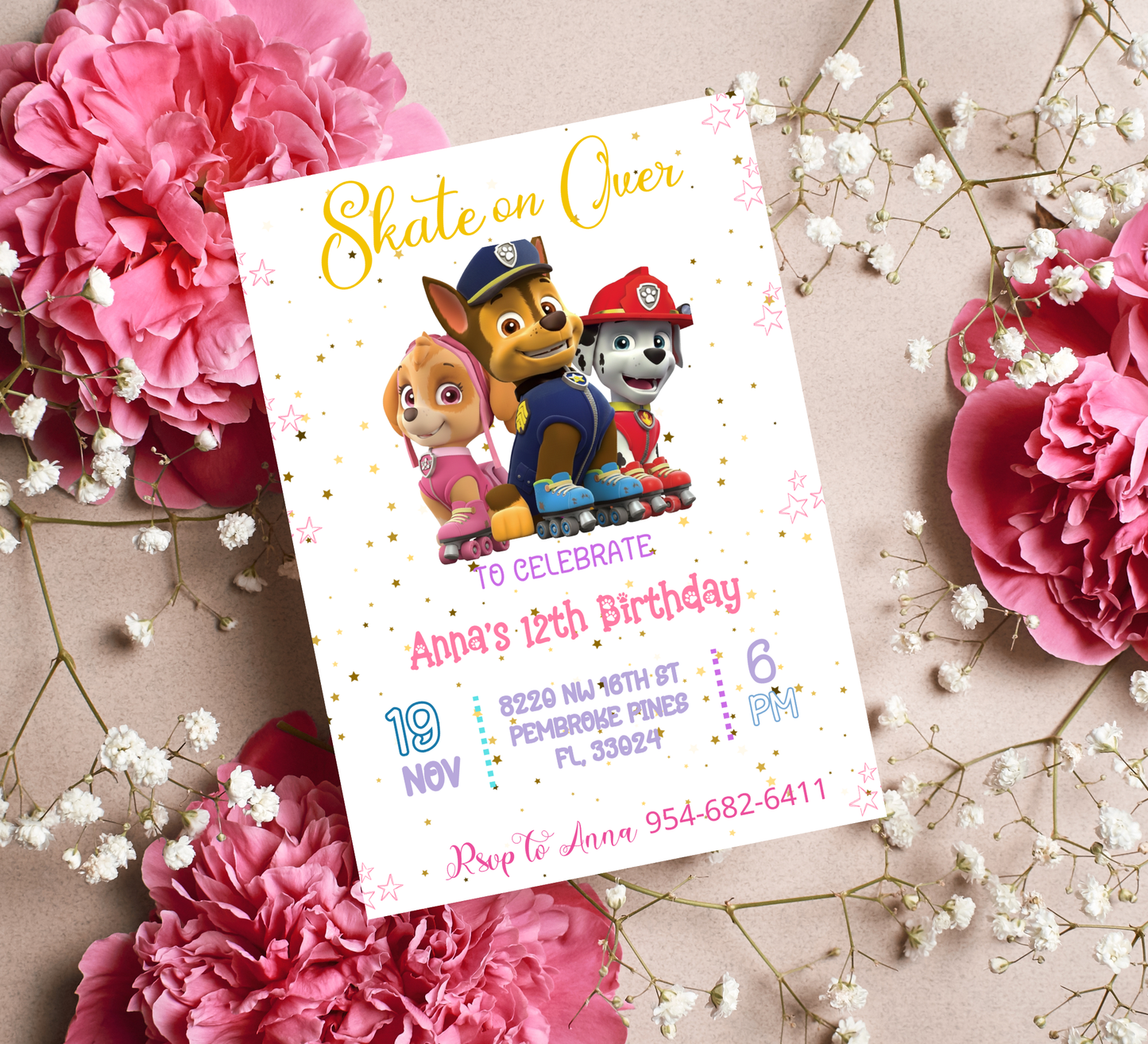 PAW Patrol Roller Skating Birthday Invitation 🛼🐾 | Skye Everest Marshall Party | Editable Canva Template