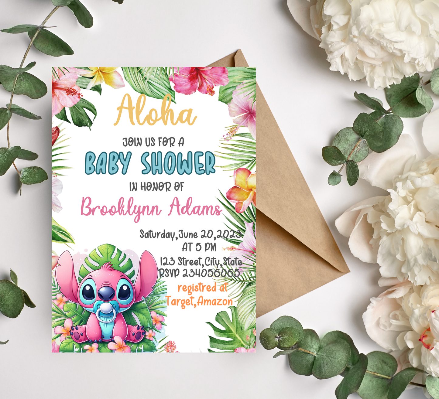Stitch Pink Tropical Baby Shower Invitation | Cute Angel & Stitch Editable Canva Template