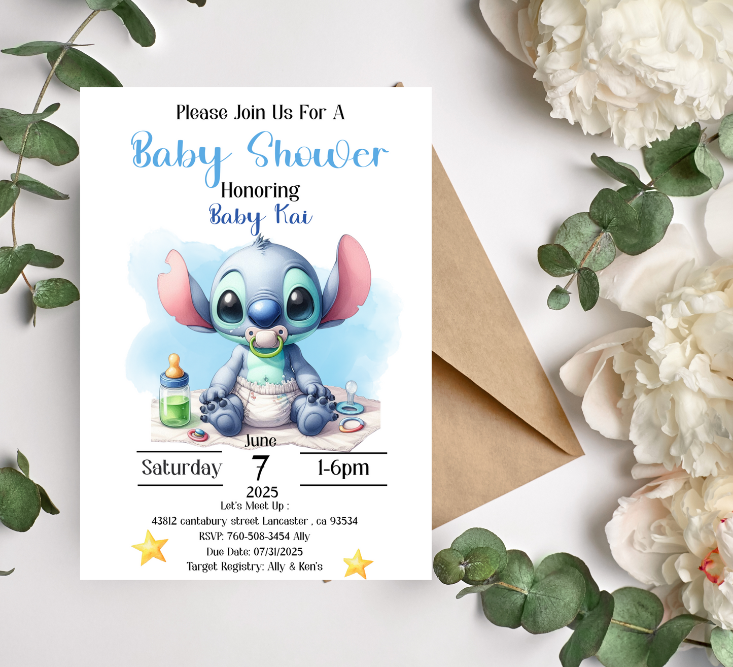 Stitch Watercolor Blue Birthday Invitation | Cute Baby Shower or First Birthday Invite | Editable Canva Template | Printable Blue Stitch Party Invitation