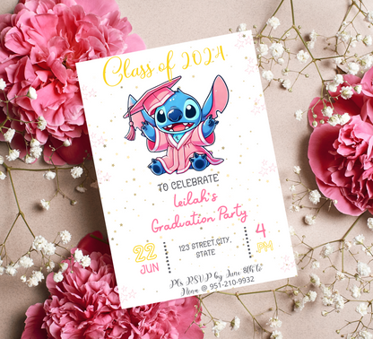 Stitch Pink Graduation Invitation | Kindergarten & School Celebration | Cute Editable Canva Template | Girls Graduation Party Printable