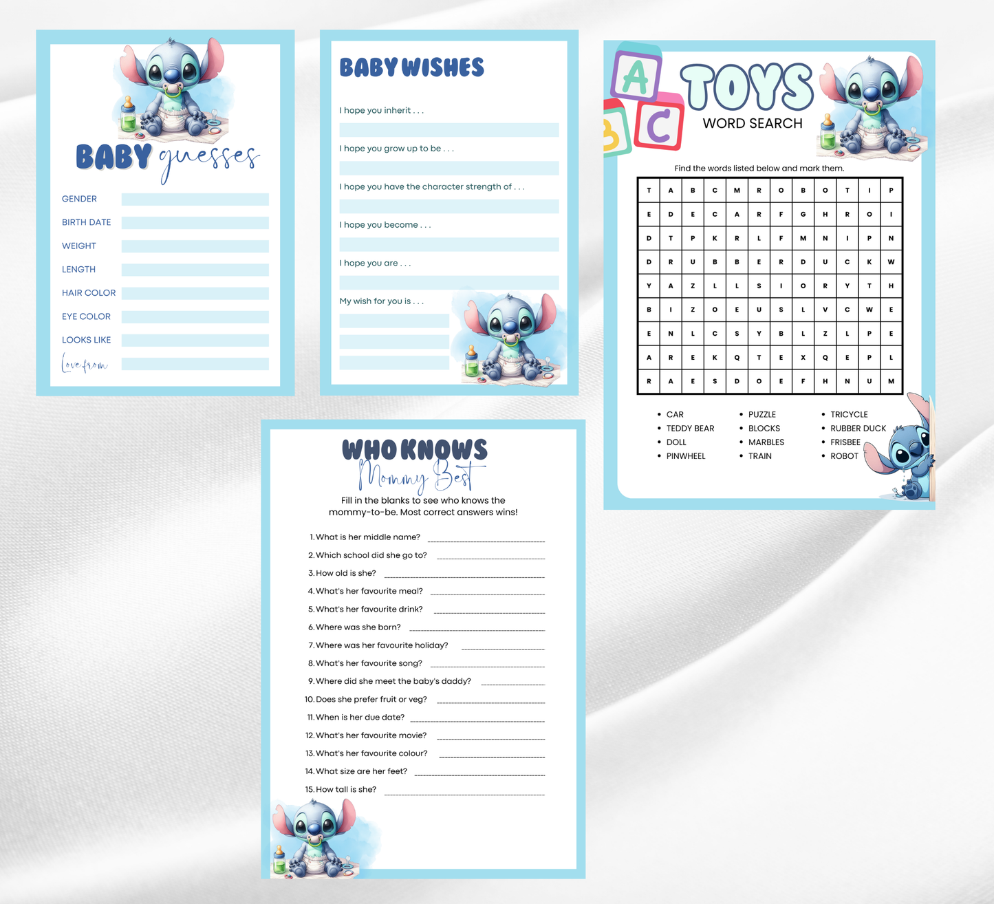 Stitch Baby Shower Games Bundle | Printable Hawaii Party Games | Editable Canva Template | Ohana Means Family Baby Shower Activities | Tropical Puppy & Angel Game Set