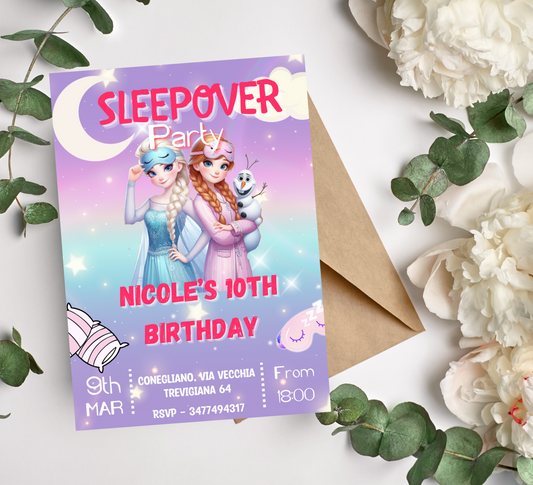 Anna & Elsa Frozen Sleepover Birthday Invitation | Slumber Party Invite | Editable Canva Template | Printable Winter Girls Birthday Invitation