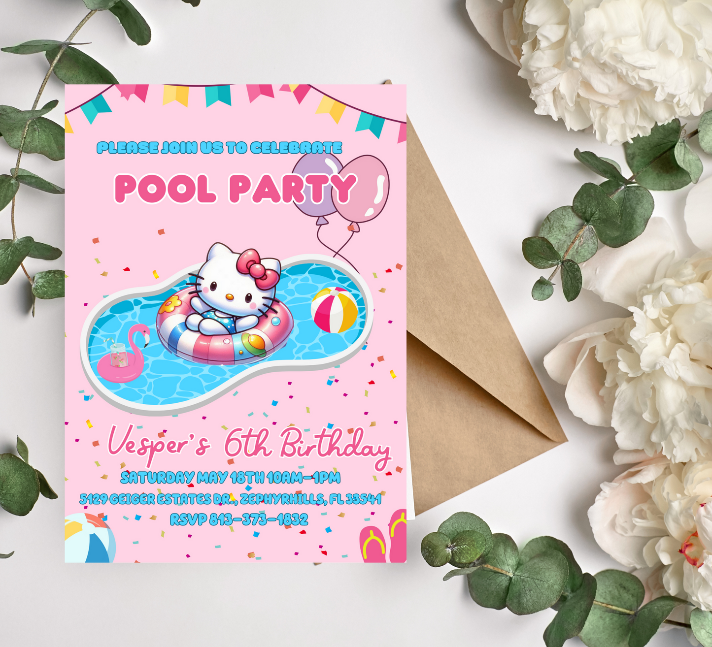 Hello Kitty Pink Pool Party Birthday Invitation | Kawaii Summer Swim Invite | Editable Canva Template | Cute Printable Birthday Invitation