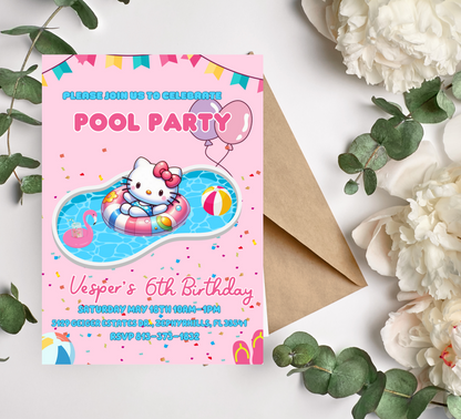Hello Kitty Pink Pool Party Birthday Invitation | Kawaii Summer Swim Invite | Editable Canva Template | Cute Printable Birthday Invitation