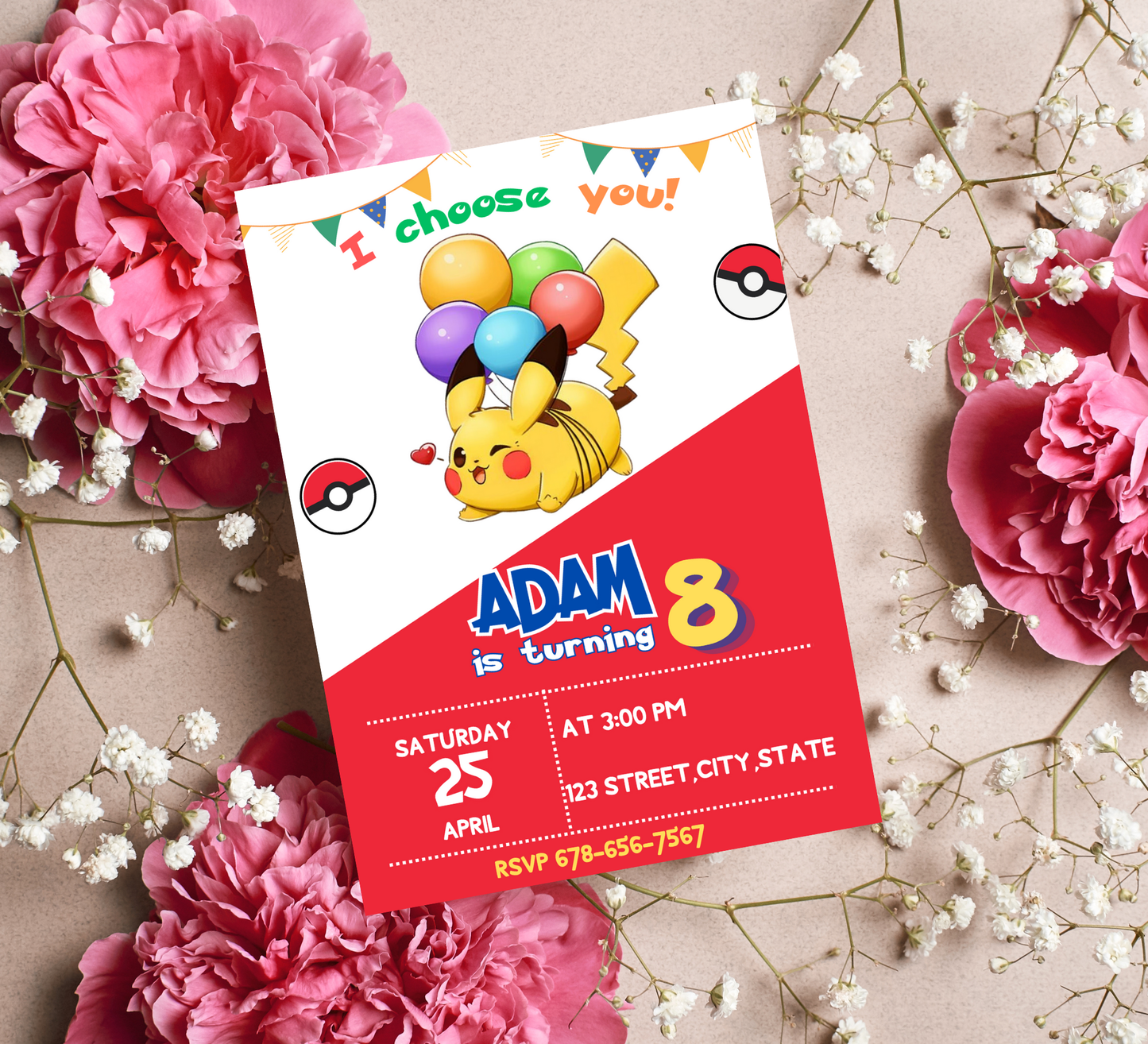 Pikachu Red Pokémon Birthday Invitation | Bold Party Invite | Editable Digital Template