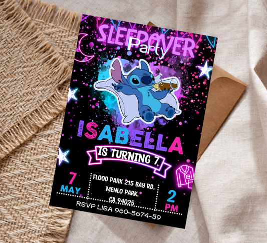 Stitch Neon Sleepover Birthday Invitation | Slumber Party Invite | Editable Canva Template | Kawaii Glow Party Printable