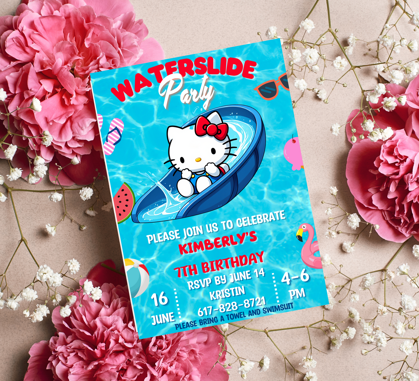 Hello Kitty Pool Waterslide Birthday Invitation | Editable Canva Template | Kawaii Summer Slide & Splash Party Invite | Printable Girls Birthday Invitation