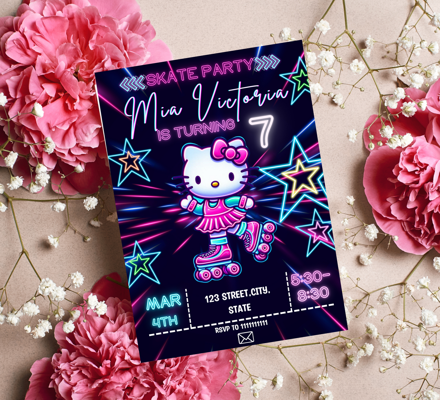 Hello Kitty Roller Skating Neon Birthday Invitation | Editable Canva Template | Kawaii Glow Party Skating Invite | Printable Girls Birthday Invitation