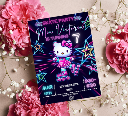 Hello Kitty Roller Skating Neon Birthday Invitation | Editable Canva Template | Kawaii Glow Party Skating Invite | Printable Girls Birthday Invitation