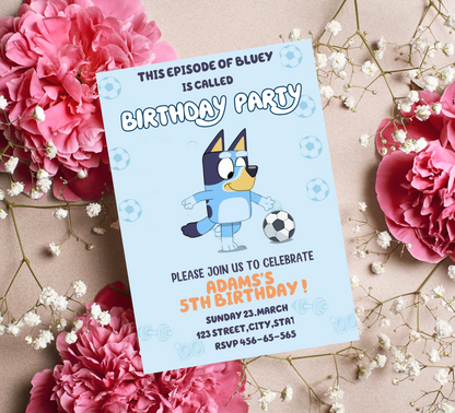 Bluey Football Birthday Invitation | Editable Canva Template | Boys Soccer Party Invite | Printable Kids Birthday Invitation
