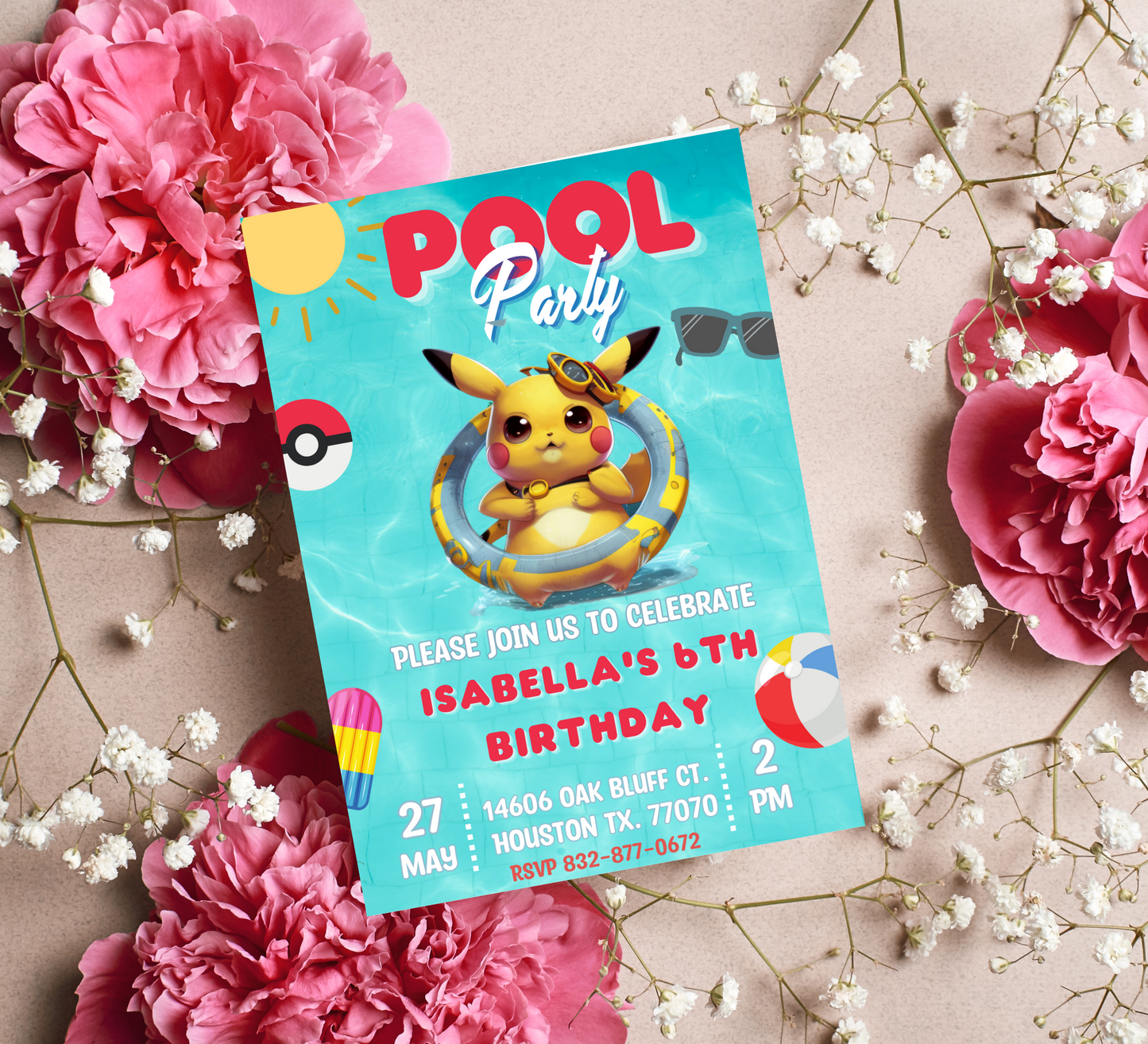 Pikachu Pokémon Pool Birthday Invitation | Summer Pool Party | Editable Digital Invite