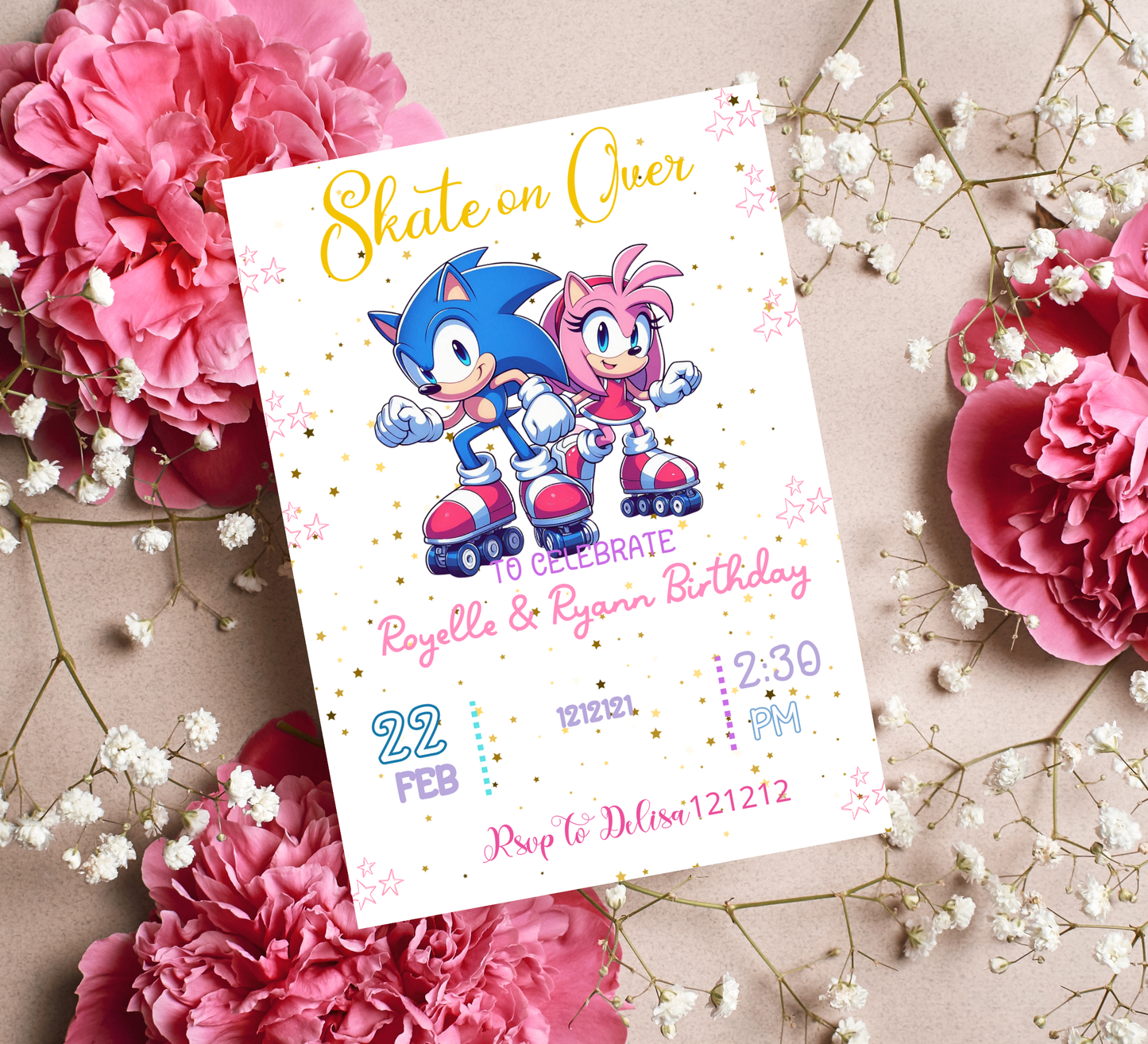 Sonic & Amy Rose Roller Skating Birthday Invitation 🛼💨 | Editable Canva Template | Sonic the Hedgehog Skating Party | Pink & Blue Speed Invite | Printable Kids Skating Rink Birthday