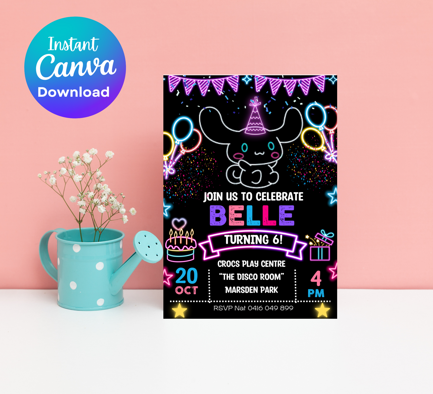 Kawaii Cinnamoroll Neon Birthday Invitation | Editable Canva Template | Cute Glow Party Invite | Printable Sanrio Birthday Invitation
