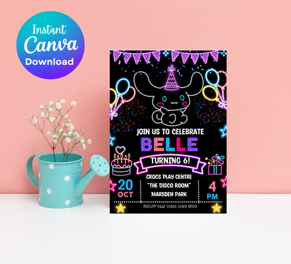 Kawaii Cinnamoroll Neon Birthday Invitation | Editable Canva Template | Cute Glow Party Invite | Printable Sanrio Birthday Invitation