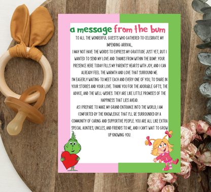 Grinch & Cindy Lou “Message From the Bump” Baby Shower Template | Editable Canva Gender Neutral Baby Sign | Christmas Baby Shower Printable
