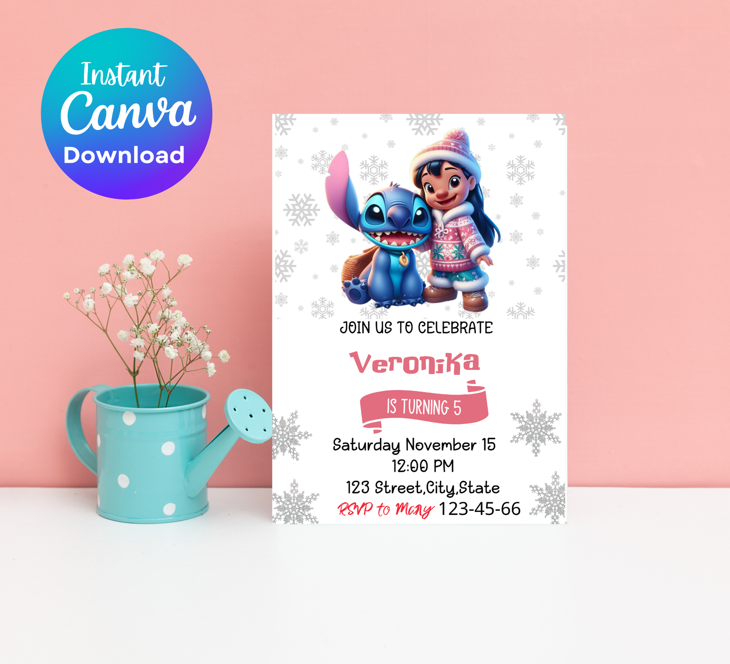 Stitch & Lilo Winter Snowflake Birthday Invitation | Frozen Blue Winter Party | Editable Canva Template | Printable Cute Birthday Invite