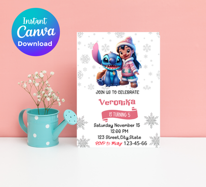 Stitch & Lilo Winter Snowflake Birthday Invitation | Frozen Blue Winter Party | Editable Canva Template | Printable Cute Birthday Invite