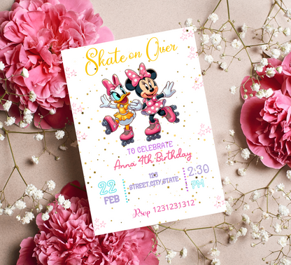 Minnie Mouse & Daisy Duck Roller Skating Birthday Invitation | Cute Skating Rink Party Invite | Editable Canva Template | Pink Disney Birthday Invitation