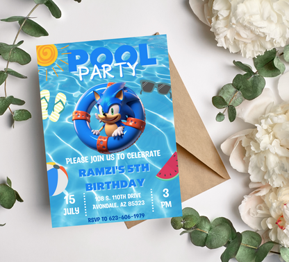 Sonic the Hedgehog Pool Birthday Invitation | Swim Party Invite | Editable Canva Template | Blue Summer Birthday Printable